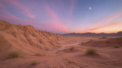 Poster - Desert landscape at sunset with a crescent moon in the sky.