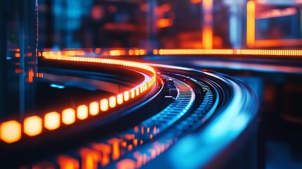 Glowing circuit board pathway in dark room