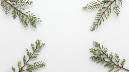 Wall Mural - Green pine branches frame a white background.