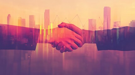 Aufkleber - Two hands shake over a cityscape silhouette with financial data overlaid.