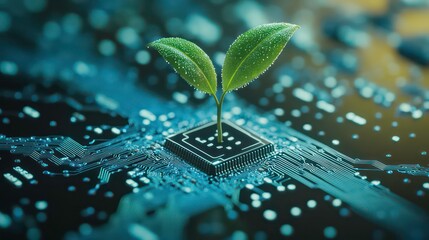 Aufkleber - A small green plant sprout growing from a computer chip on a circuit board, symbolizing technology and nature merging.