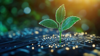 Aufkleber - A small green plant sprout emerges from a circuit board, representing growth, innovation, and the future of technology.