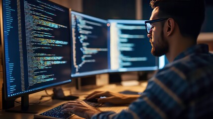 Fototapete - A programmer works late at night, focused on his computer screens filled with code.