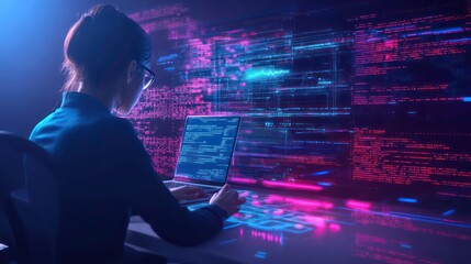 Fototapete - A female programmer sits in front of a laptop surrounded by lines of code, working late at night to finish a project.