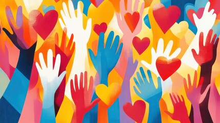 a colorful illustration of many hands reaching up with hearts symbolizing unity and love.