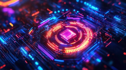 Poster - Abstract glowing circuit board with a central processor surrounded by neon lights.