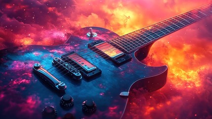 A black electric guitar with a galaxy design lies on a background of fire and smoke.