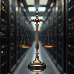 Scales of justice, data center background, server racks, technological balance, legal technology concept, dramatic lighting, metallic texture, symmetrical composition, digital law, cyber justice, high