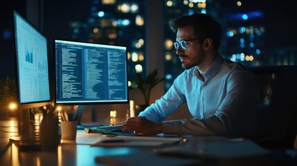 Fototapete - A young man in glasses works on a computer at night with a city skyline in the background.
