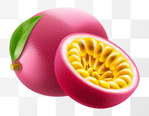 Wall Mural - passion fruit whole fruit and half sliced isolated on transparent background. ripe purple passion fr