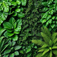 Set of lush green tropical plants bushes (monstera palm rubber plant pine and fern) cut out