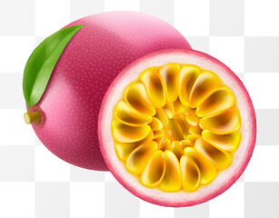 Wall Mural - passion fruit whole fruit and half sliced isolated on transparent background. ripe purple passion fr