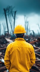construction worker assessing damage in a disaster-stricken area, wearing a yellow helmet and jacket