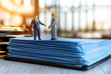 Two miniature business figures in formal suits shaking hands on top of a large stack of documents, symbolizing business agreements, contracts, or partnership deals.