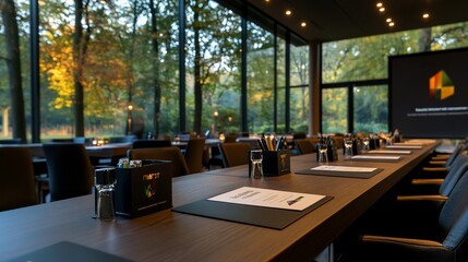 Wall Mural - A long conference table is set for a meeting in a modern room with large windows overlooking a forest.