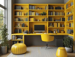 A functional study room with light gray open shelving and lemon yellow decor items