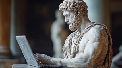 ancient meets modern: statue typing on laptop