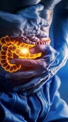 Wall Mural - image shows a person in dark background holding their stomach, with emphasis on the large intestine 