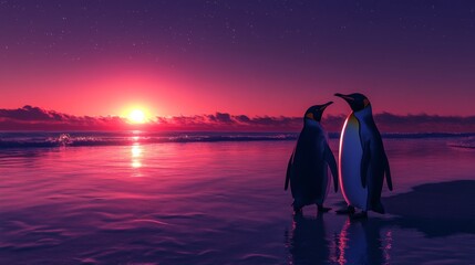 Wall Mural - Penguins at Twilight on a Beach