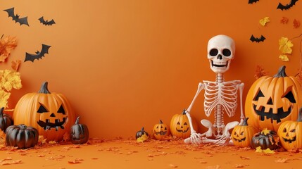 Wall Mural - Halloween Festivities with Skeleton and Pumpkins