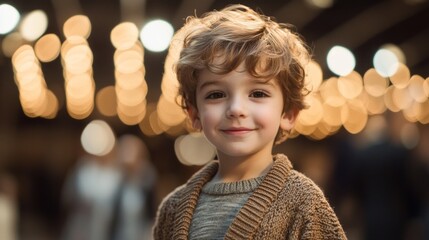 A young boy with brown hair and a brown sweater is smiling