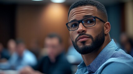 Wall Mural - A young man with a beard and glasses looks directly at the camera during a meeting.