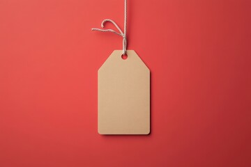 A clean and minimalist brown price tag is suspended by a twine string against a vibrant red backdrop. The design is simple, focusing on the tags shape and color without any distractions.