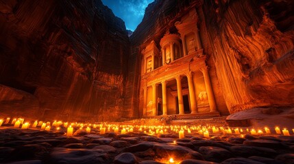 Illuminated Entrance of Petra at Dusk with Candles