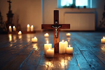 Several burning candles illuminate a wooden crucifix standing on a wooden floor in a dark room, creating a spiritual atmosphere