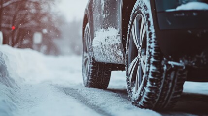 Close-Up of a Vehicle Tire in Snowy Winter Landscape