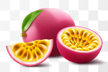 Wall Mural - whole passion fruit, half and sliced fruits isolated on transparent background. ripe purple passion 