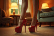 © Marina - Bold red high heels with platform, glamorous evening look, stylish home interior, warm lighting background