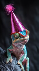 Colorful Lizard Wearing Party Hat