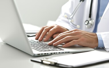 Medical Data Analysis: Doctor Typing on Laptop with Medical Records.Generative AI
医療データ分析: 医師が医療記録を見ながらノートパソコンを打つ