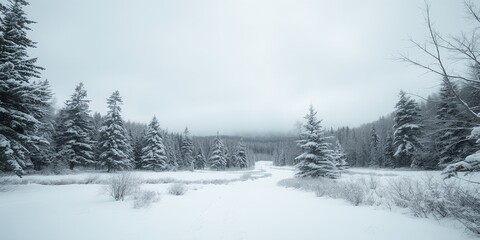 Sticker - Snow-covered trees line a path leading into a dense forest on a cloudy winter day.