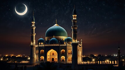 night view mosque, Ramzan, Eid, Muslim, moon night, religion and culture, 