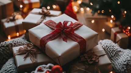 Holiday gift boxes wrapped in colorful paper and ribbons, placed on a white studio floor