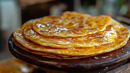 A close-up of golden, crispy sweet roti drizzled with condensed milk and sugar, placed on a rustic wooden plate, creating a tempting street food scene.