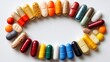 © kanesuan - A colorful collection of assorted pills, tablets, and capsules arranged in a circle on a bright white background, creating a pattern.