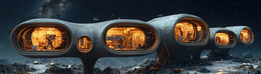 A futuristic settlement featuring unique, rounded structures illuminated in a dark, starry landscape.