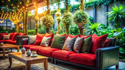 Wall Mural - Luxurious Indoor Seating Area with Plush Red Cushions Surrounded by Lush Greenery - Elegant Home Decor Ideas for Modern Living Spaces