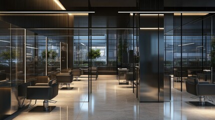 A wide-angle shot of a trendy hair salon with sleek stations, mirrored walls, and modern lighting fixtures, giving a sense of sophistication.