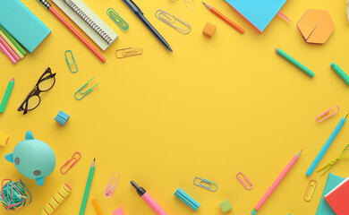 School stationery on a yellow background. Back to school creative template.