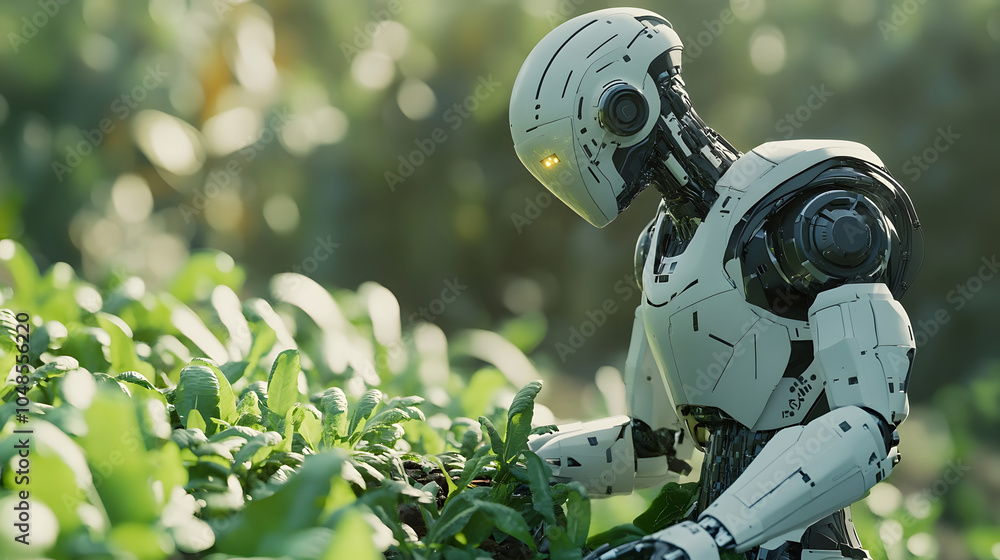 humanoid robot with advanced AI technology is tending to plants in lush ...