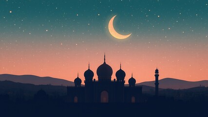 Poster - Silhouette of a mosque at dusk under a crescent moon.