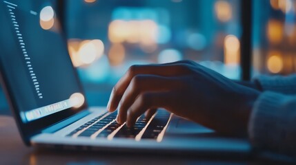 Close-up of Hands Typing on Laptop in a Dimly Lit Environment