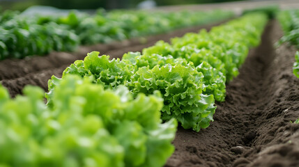 Rows of vibrant green lettuce grow in well tended field, showcasing healthy agriculture and fresh produce. lush leaves thrive in rich soil, promising bountiful harvest