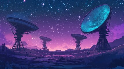 Futuristic Satellite Dish Array Against Cosmic Night Sky