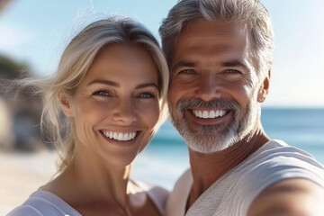 An older couple with gray hair takes a selfie on the beach, showing off perfect teeth, ideal for dental company advertising.