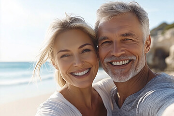 An older couple with gray hair takes a selfie on the beach, showing off perfect teeth, ideal for dental company advertising.